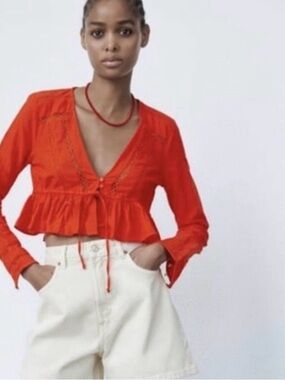 Zara Red Peplum Tie-Front Crop Top